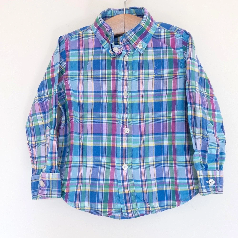 Ralph Lauren Plaid Button Down Shirt Blue Purple Multi Long Sleeve Toddler 18M
